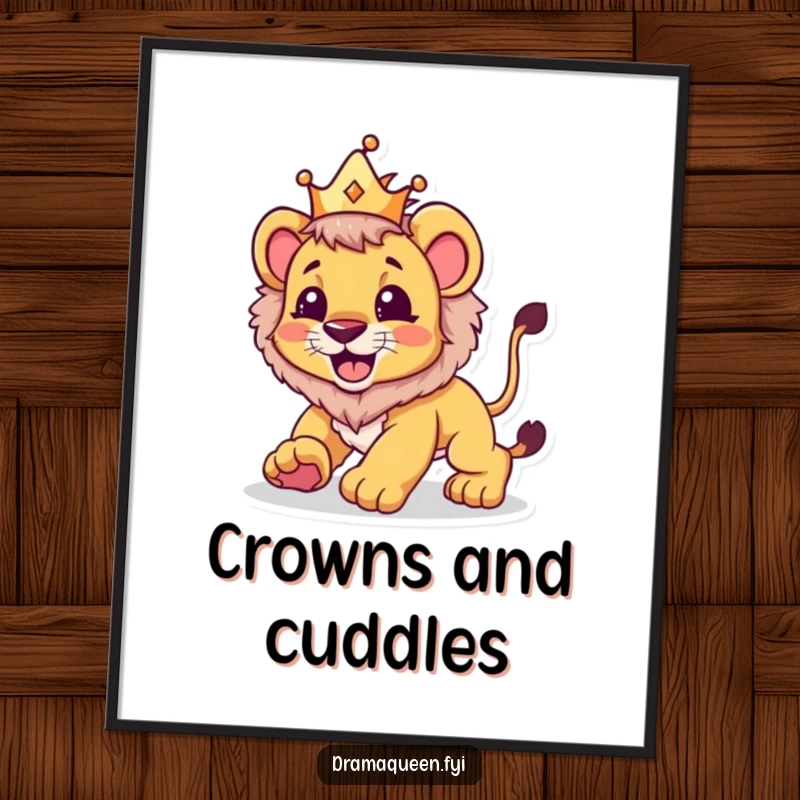 Funny digital art print of a lion cub in a crown playfully pouncing, adding a humorous and regal ambiance.