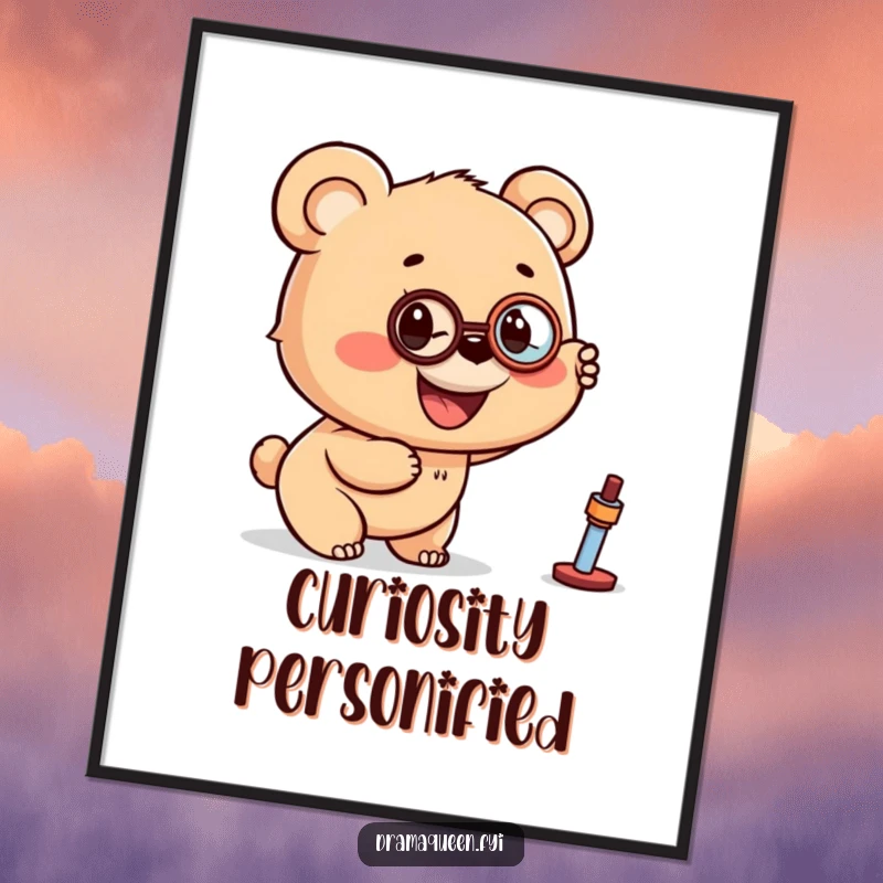 Funny digital art print of a smiling bear cub wearing a monocle, pointing excitedly at a distant object, full of wonder.