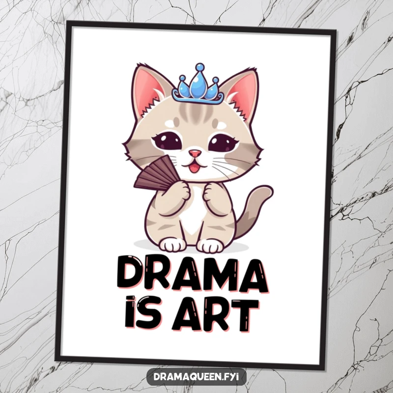 Funny Cat Tiara Digital Art Print: A cute cat wearing a tiny tiara, dramatically fanning itself, for instant humorous decor.