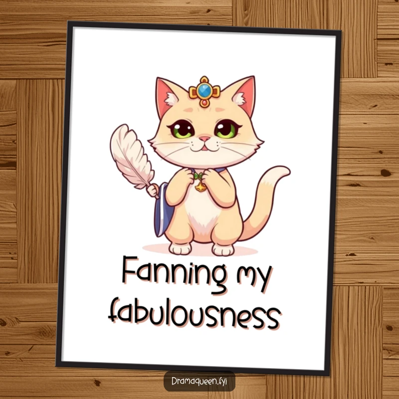 Funny regal cat dramatically fanning herself with a feather on a digital art print, exuding drama and humor.