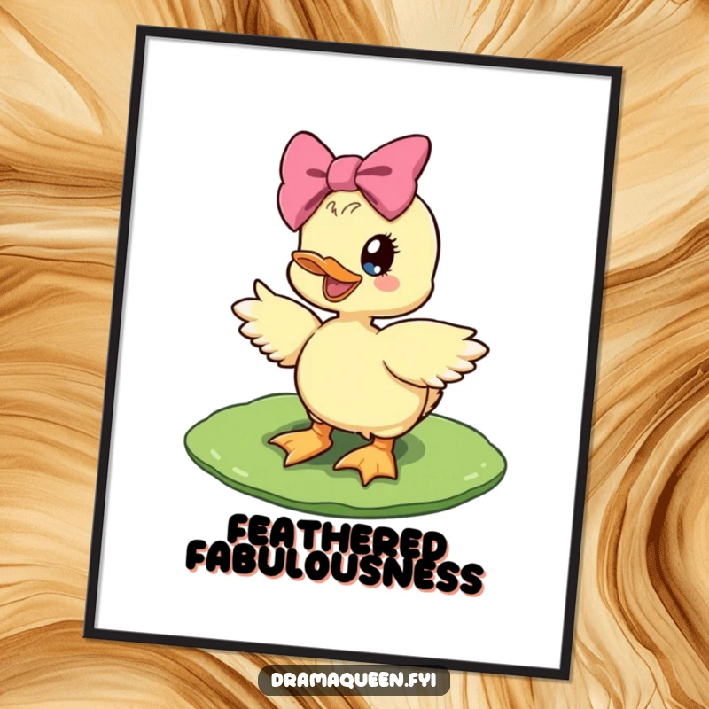 Funny diva duckling digital art print of a delighted duckling with a giant bow striking a pose on a lily pad, glamorous and fun.