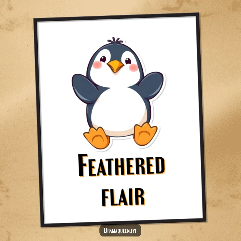 Funny penguin digital art print of a playful character striking a dramatic pose with flippers extended, ready to download and display.