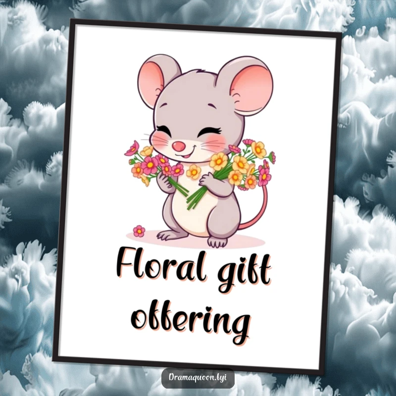 Funny digital art print of a cheerful mouse character bowing gracefully with a bouquet of tiny, colorful flowers, offering instant charm.