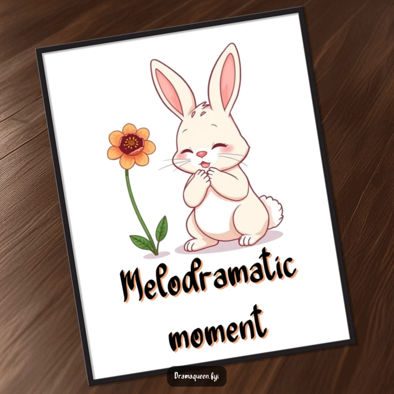 Funny bunny digital art print of a rabbit dramatically clutching its chest while looking at a wilting flower, exuding comical despair.