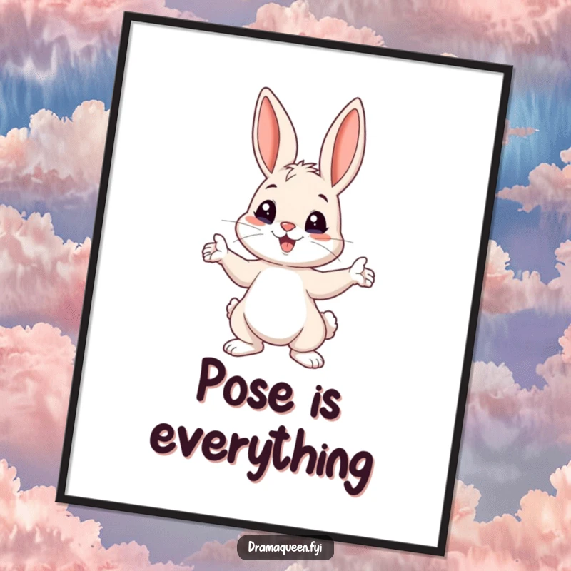 Funny Bunny Pose Digital Art Print: A playful bunny dramatically striking a pose with ears perked up, for instant playful decor.