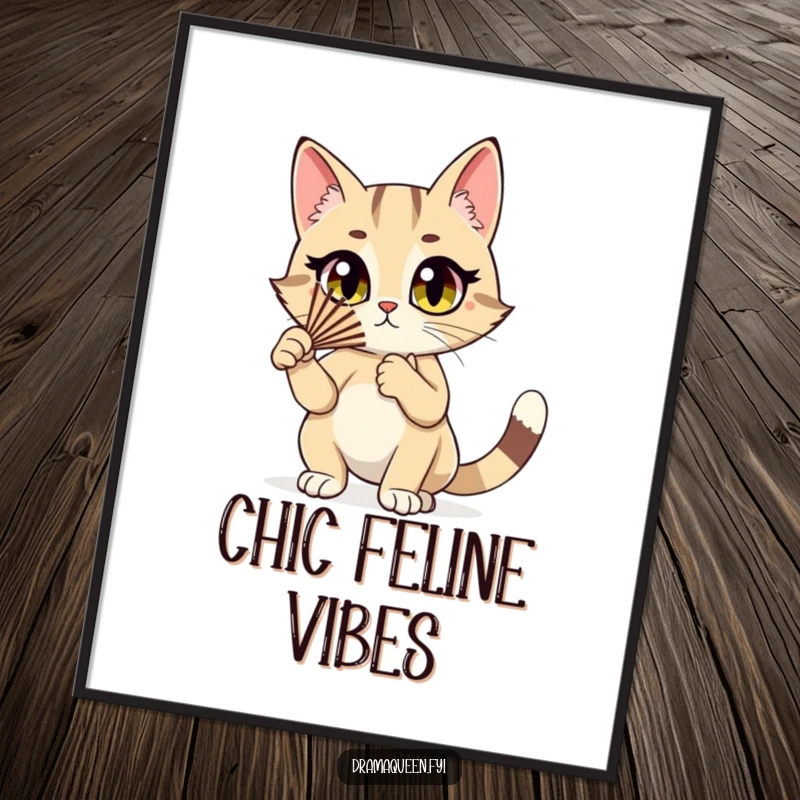 Funny cat digital art print of a stylish cat character dramatically fluttering a fan, ready for instant download decor.