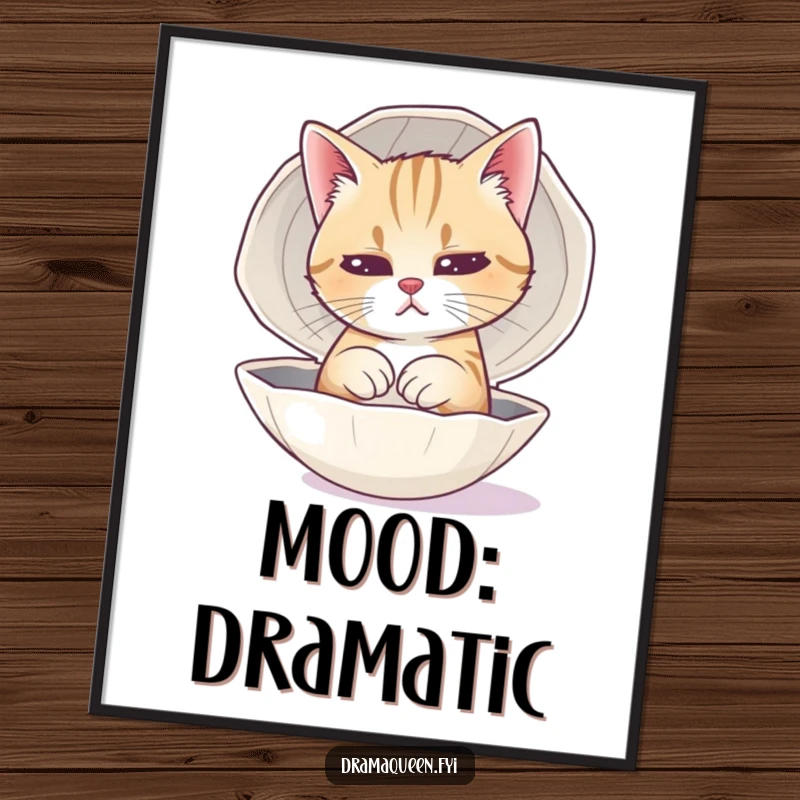 Funny Cat Sad Face Digital Art Print of a dramatic feline practicing its sad expression in a polished seashell.