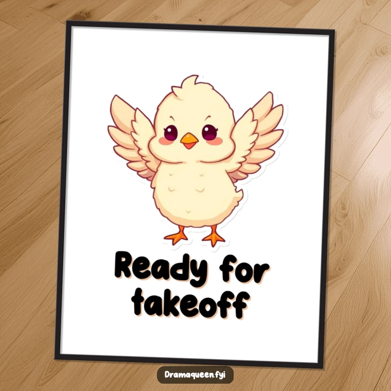 Funny Chick Take Flight Digital Art Print of a fluffy chick flapping wings, ready to inspire with humorous ambition.