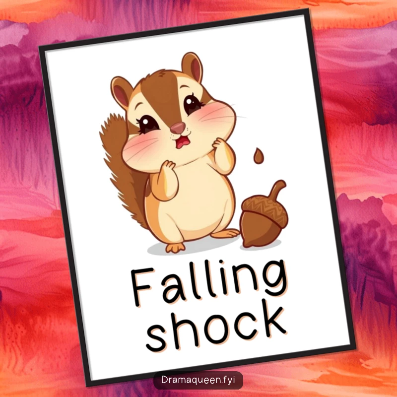 Funny chipmunk digital art print of a chipmunk with puffed cheeks looking shocked at a falling acorn. Instant download for humorous decor.