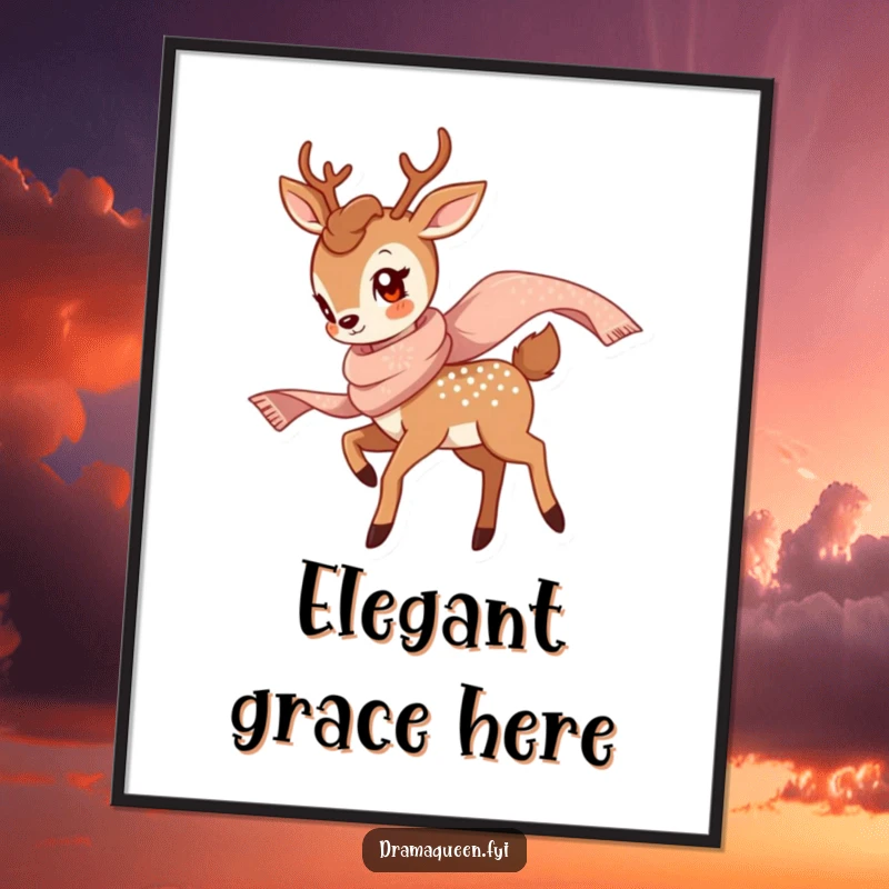 Funny Deer Twirl Digital Art Print of a graceful deer twirling with a shimmering scarf, ready to add elegant humor to any wall.