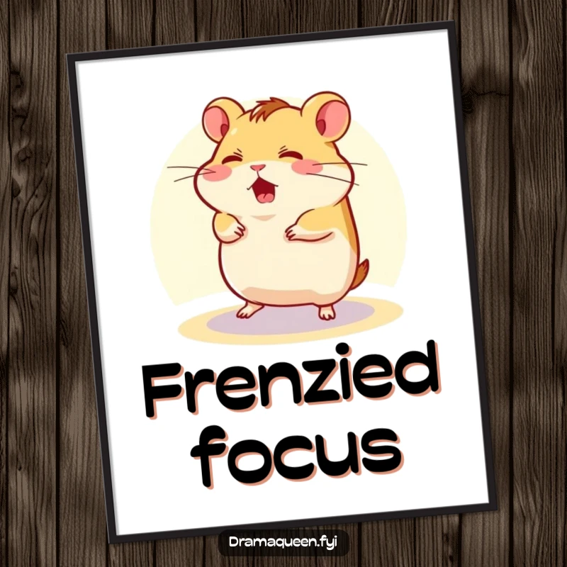 Funny Digital Art Print of a flustered hamster character spinning in a tiny spotlight, delivering instant humorous and chaotic wall decor.