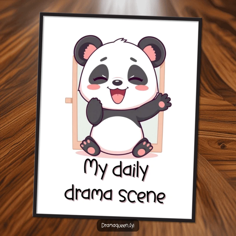Funny digital art print of a giggling panda practicing dramatic poses in front of a mirror, making a bold humorous statement.