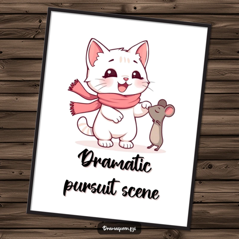 Funny Kitten Digital Art Print: Happy kitten with a pink scarf dramatically reaching for a toy mouse, full of playful energy, funny gift.