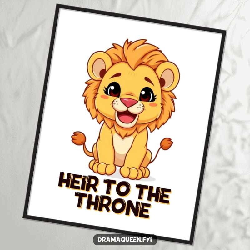 Funny Digital Art: Lion cub in a regal pose with a huge, infectious, playful grin, ready for printing.