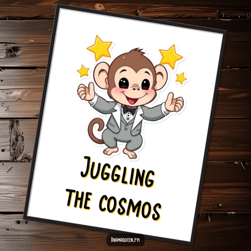 Funny digital art print of a monkey in a tuxedo juggling shining stars, adding a humorous and celestial ambiance.