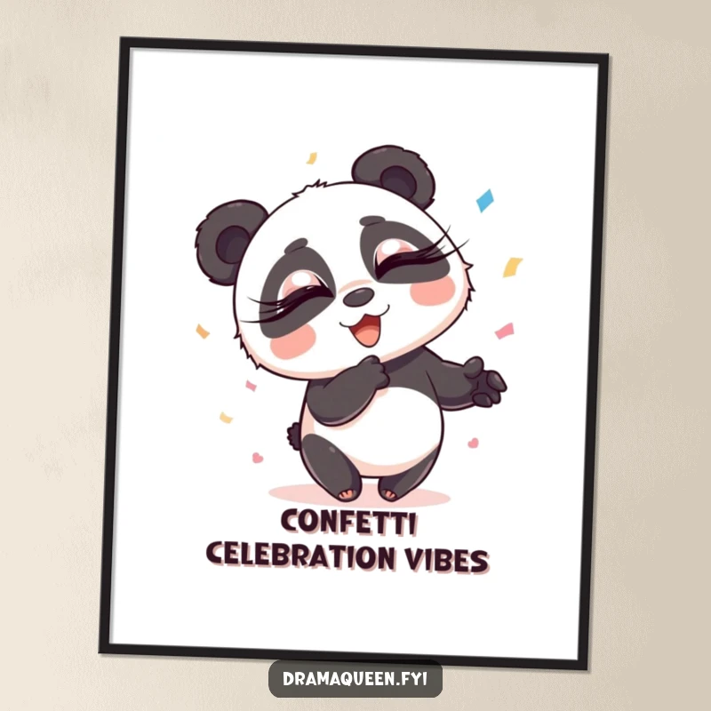 Funny Panda Digital Art Print: Playful panda with exaggerated long eyelashes throwing confetti with flair, a humorous and vibrant funny gift.