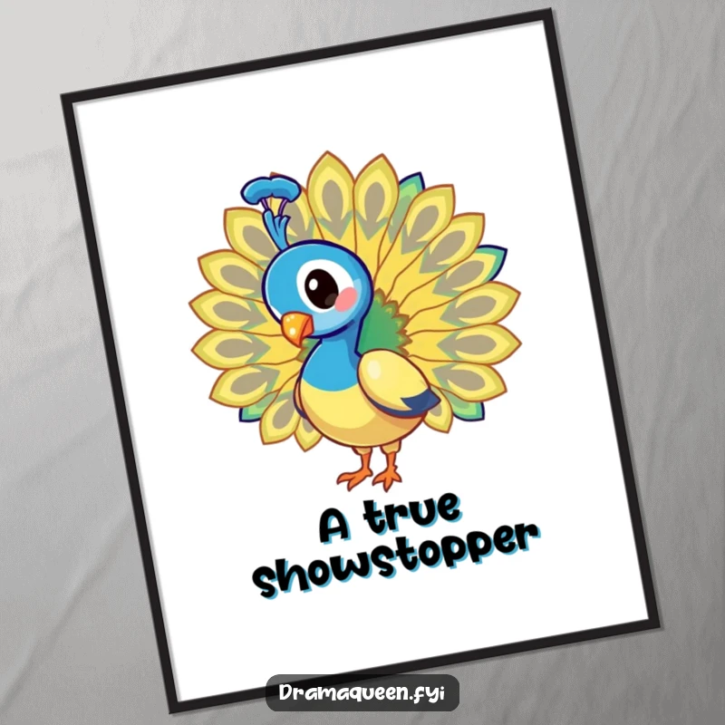 Funny Digital Art: Peacock fanning its spectacular, iridescent tail feathers with a dazzling, humorous flourish.