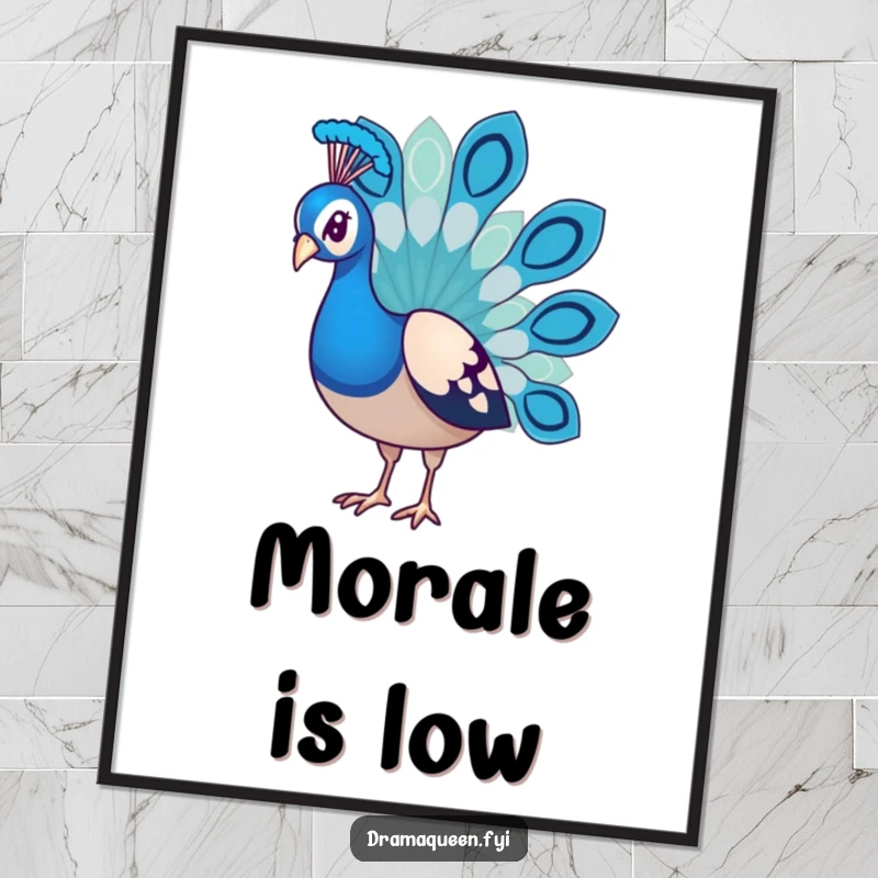 Funny Peacock Sadness Digital Art Print of a dejected bird with droopy feathers, ready to be framed and displayed.