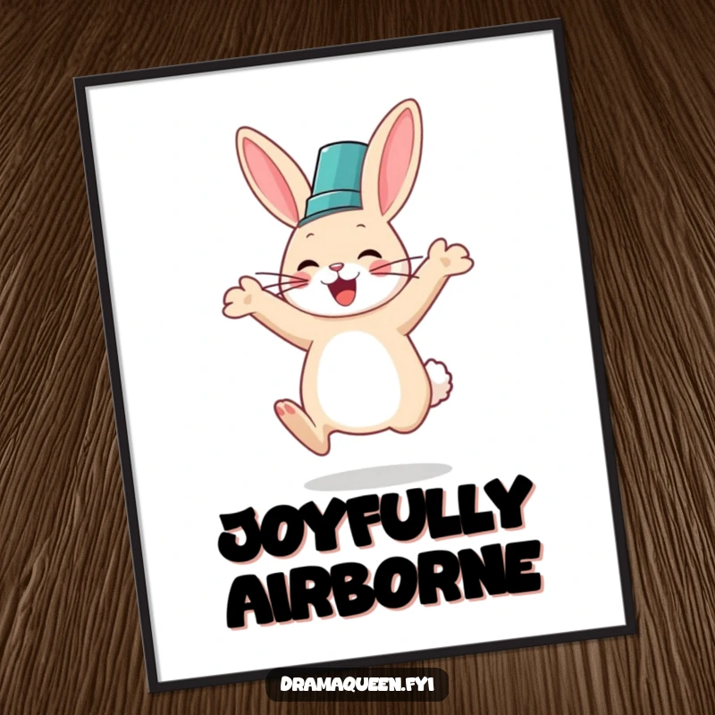 Funny digital art print of a rabbit in a fancy hat jumping with glee, adding a playful and cheerful vibe.