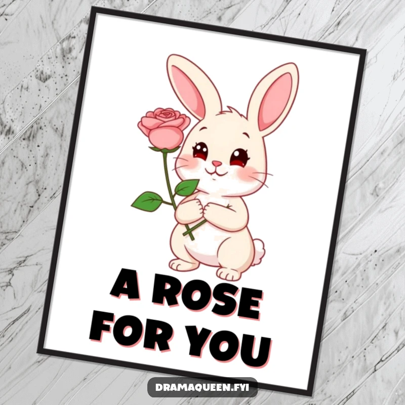 Funny Rabbit Digital Art Print: Cheerful rabbit holding a rose with a coy expression, romantic and charming, a funny gift.