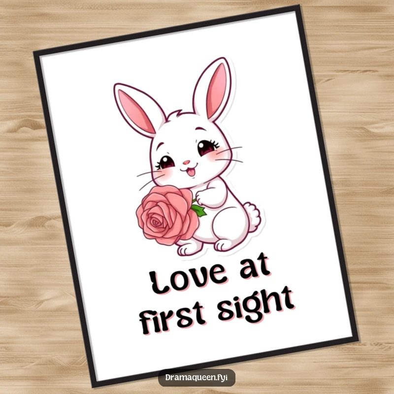 Funny rabbit digital art print of a cute bunny holding a single rose with a coy smile, sweet and charming.