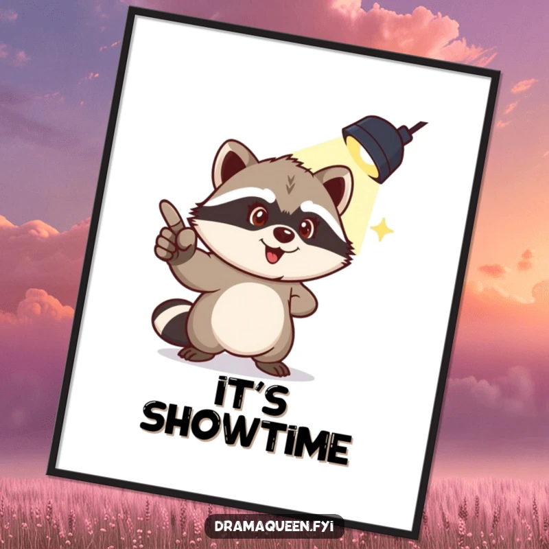 Funny digital art print of a mischievous raccoon character pointing to a spotlight overhead, offering humorous and playful decor.