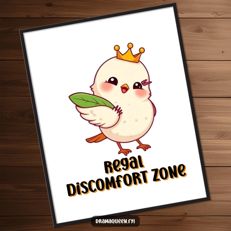 Funny digital art print of a bird wearing a crown, fanning itself with a leaf, depicting hilarious regal drama.