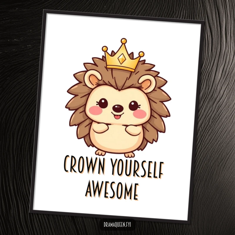 Funny hedgehog digital art print of a happy character wearing a tiny, sparkling crown, ideal for adding regal humor to any digital display.