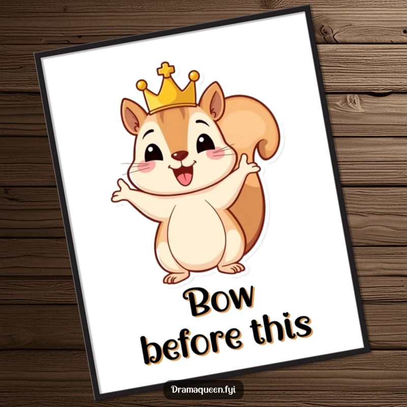 Funny digital art print of a cheerful squirrel wearing a tiny crown, gesturing grandly, perfect for instant, humorous wall decor.