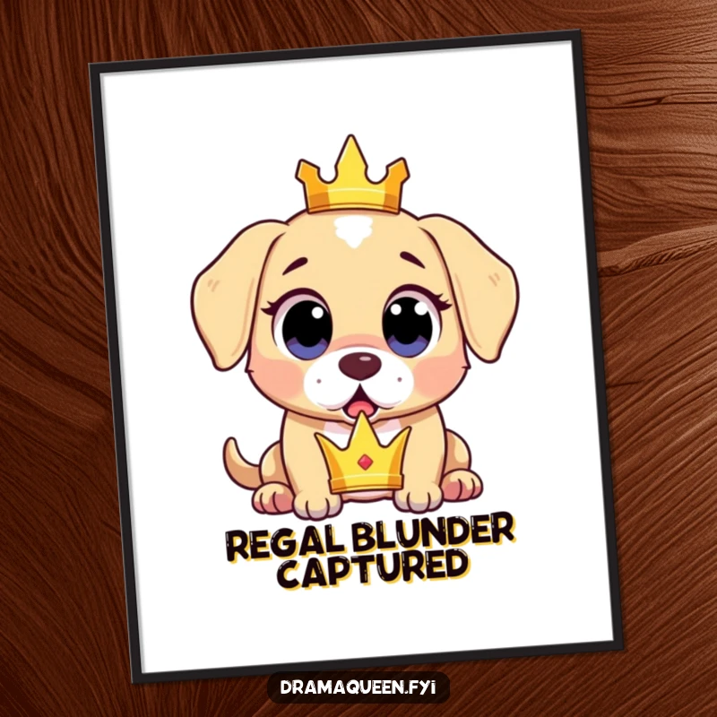 Funny surprised puppy digital art print of a puppy dropping a tiny crown with wide, expressive, shocked eyes, adorable and humorous.