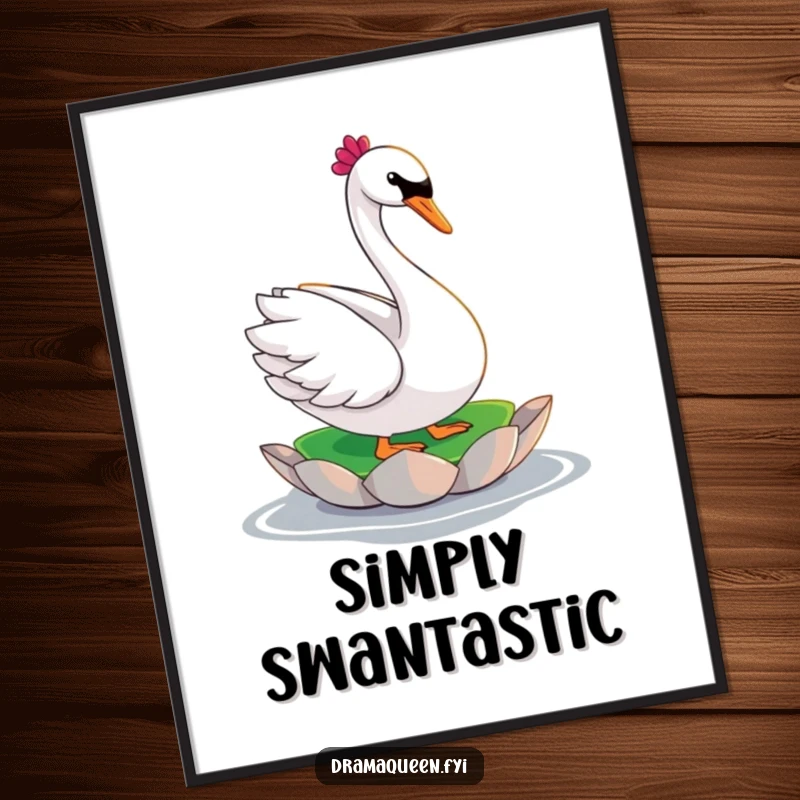 Funny swan digital art print of a glamorous character in a dramatic pose on a lily pad, perfect for adding elegant humor.