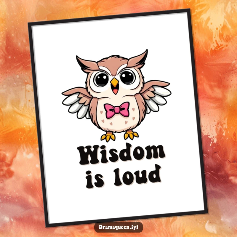 Funny digital art print of a triumphant owl wearing a bowtie, hooting loudly with wings outstretched, exuding elegance.