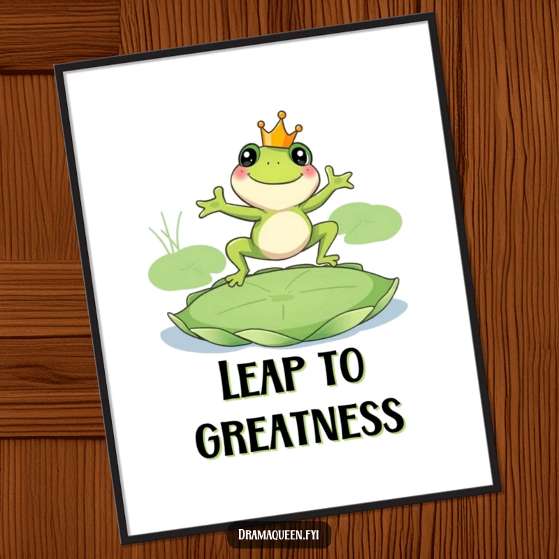Funny frog king digital art print, smiling frog wearing a crown leaping onto a giant lily pad. Instant regal decor. Great.