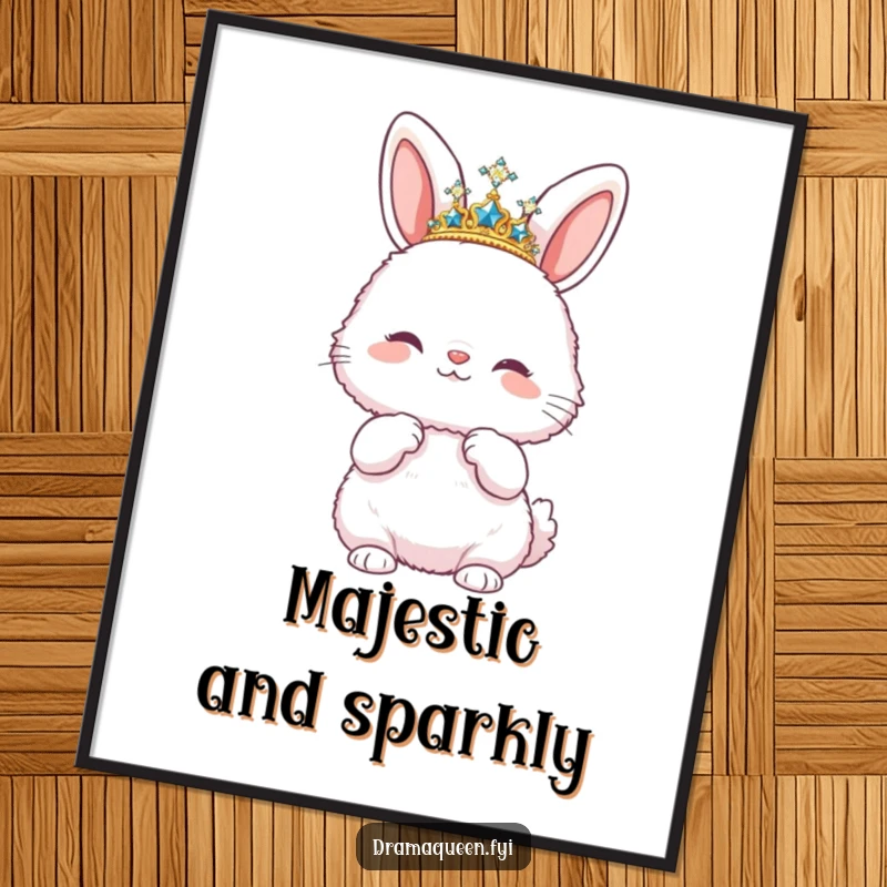 Funny digital art print of a fluffy bunny wearing a sparkly tiara and striking a pose, perfect for glamorous and humorous wall decor.