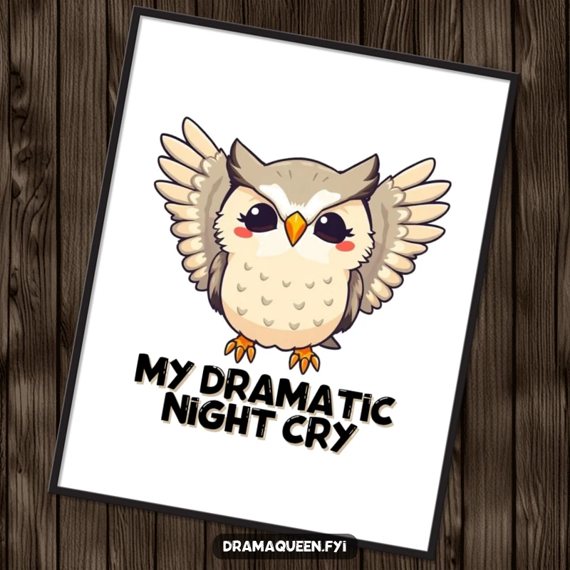 Funny digital art print of a dramatic owl hooting with flair and extended wings, creating an impactful and humorous visual.