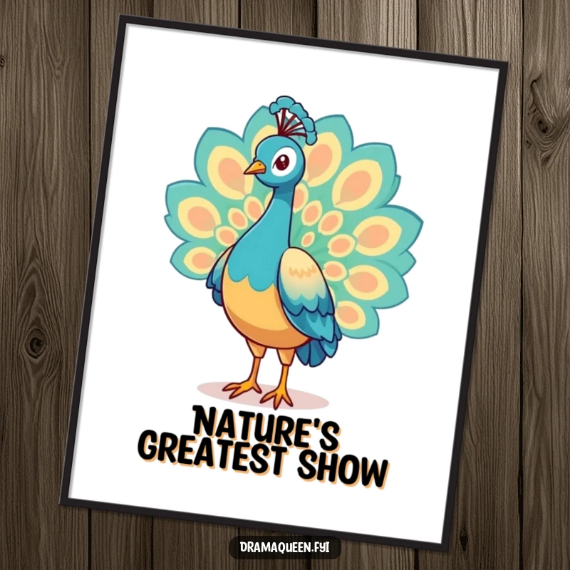 Funny Digital Art Print of a proud peacock character showcasing its magnificent tail feathers, offering vibrant and humorous wall decor.
