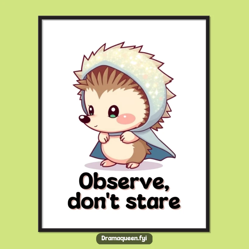 Funny Shy Hedgehog Cape Digital Art: Mysterious Hedgehog Print, Instant Download Funny Gift