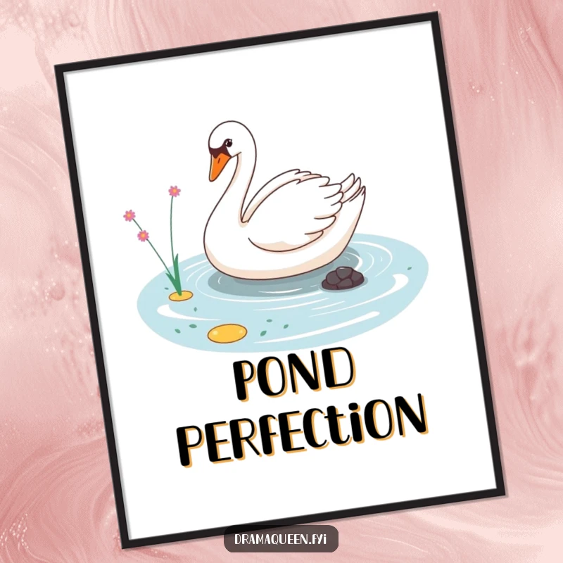 Funny digital art print of a sassy swan character gliding elegantly on a tiny pond, offering humorous and elegant decor.