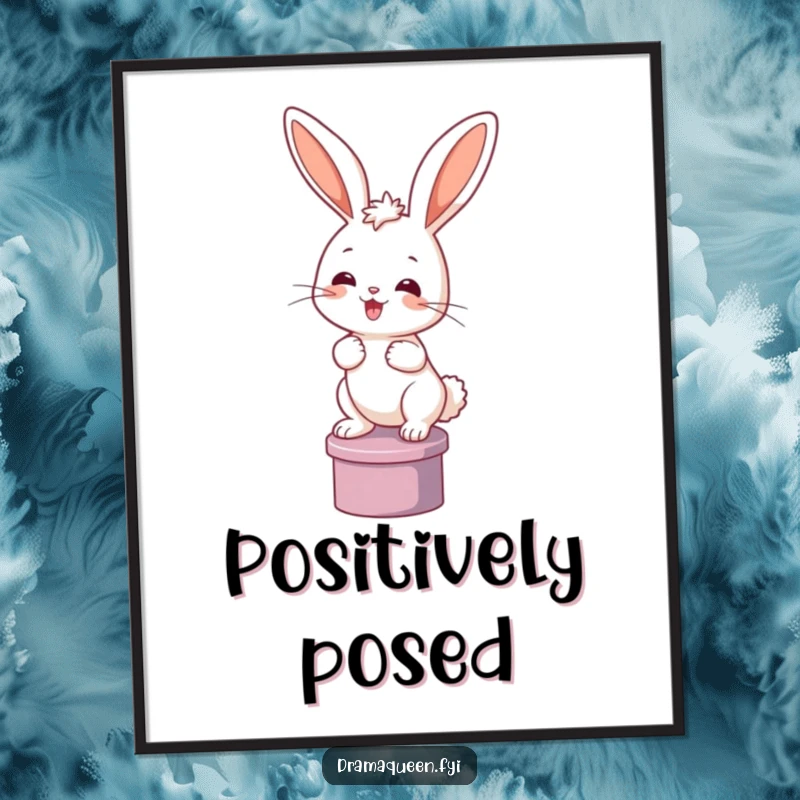 Funny bunny digital art print of a happy rabbit posing dramatically on a pedestal. Instant download for humorous decor.
