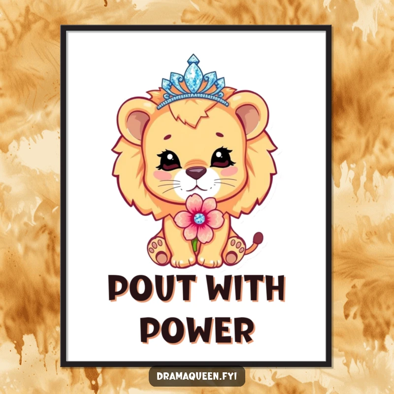 Funny cute lion cub character wearing a sparkling tiara, pouting dramatically with a flower, printable digital art, royal sass.