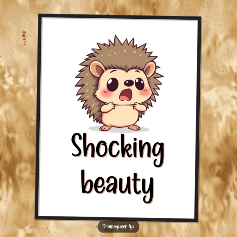 Funny hedgehog digital art print of a curious character striking a dramatic pose with a shocked face, ready to download and display.