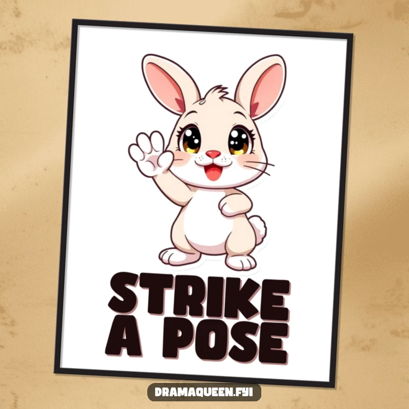 Funny digital art print of a cute bunny with wide eyes striking a dramatic pose, paw held high, offering instant humorous decor.