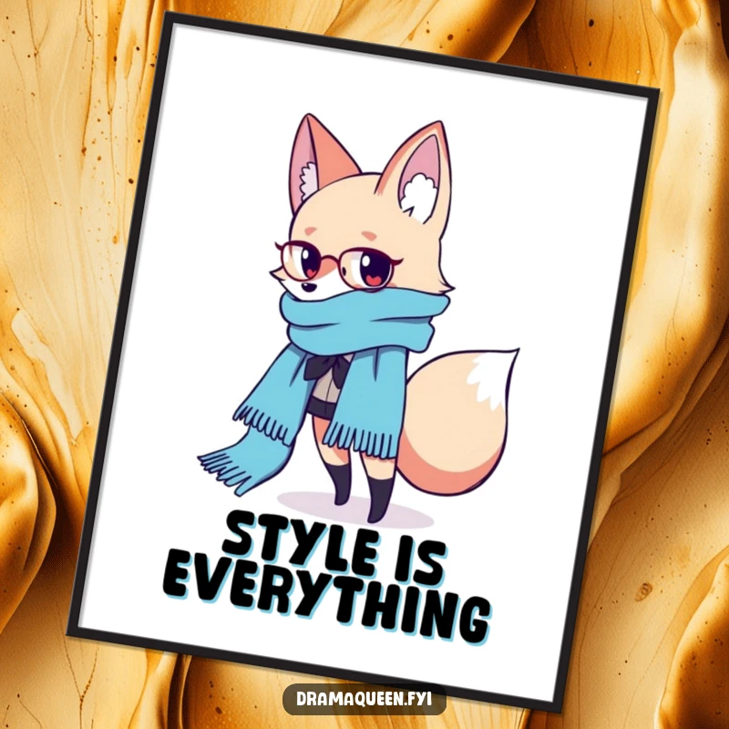 Funny Fashion Fox Scarf Digital Print: A fashionable fox poses with a flowing scarf, creating trendy and funny wall decor.