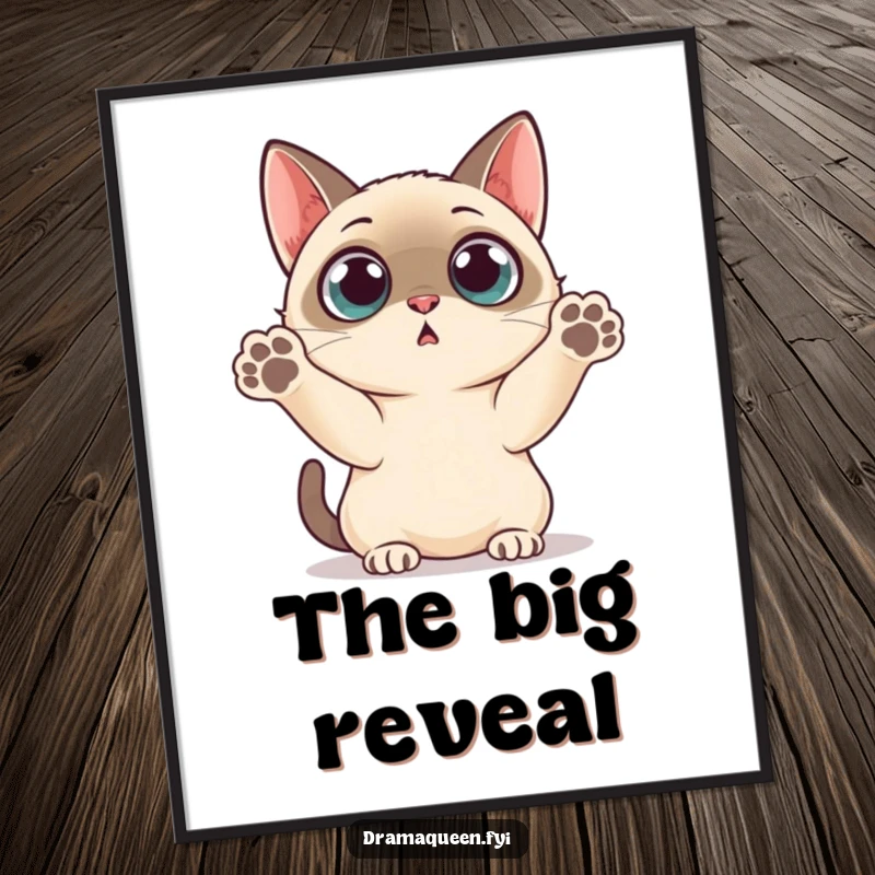 Funny Digital Art: Siamese cat expressing shock with wide eyes and paws thrown up, perfect for printing.