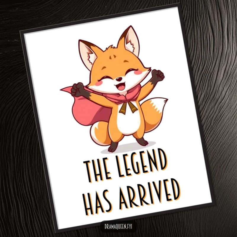 Funny digital art print of a joyful fox in a flowing cape, striking a triumphant superhero pose, ready for display.
