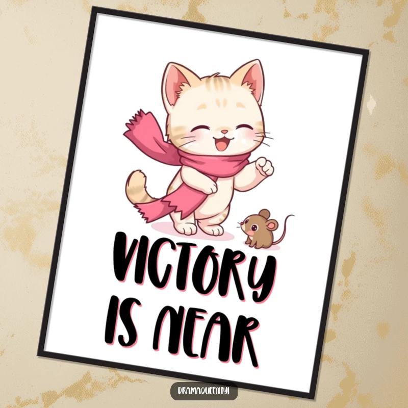 Funny kitten digital art print of a cute cat in a pink scarf dramatically reaching for a toy mouse, ready to frame.