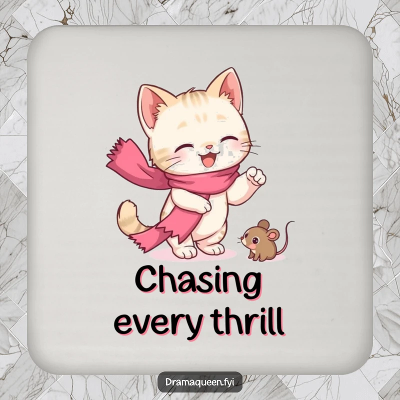 Funny kitten drink coaster featuring a cute cat in a pink scarf reaching for a toy mouse, protecting tables.