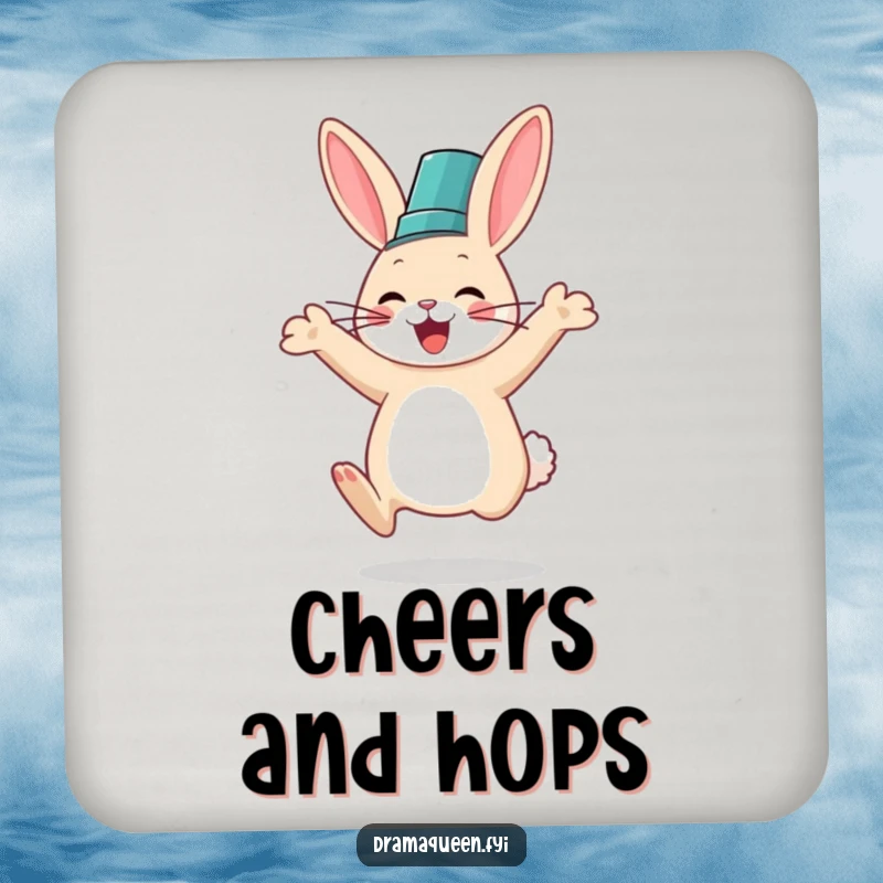 Funny coaster featuring a rabbit in a fancy hat jumping with glee, a charming and humorous addition to any table.