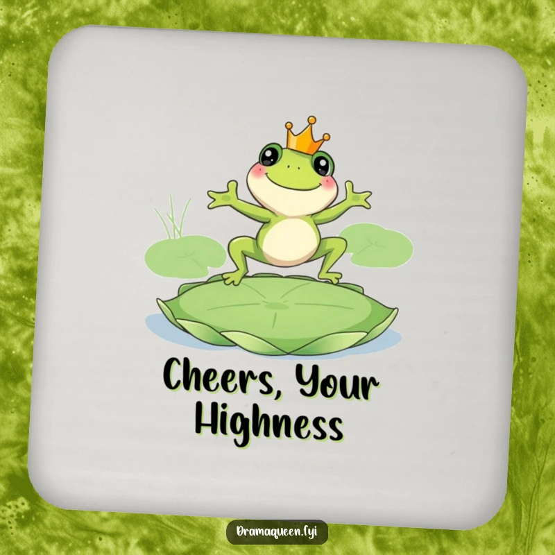 Funny frog king coaster, smiling frog wearing a crown leaping onto a giant lily pad. Royal and humorous protection. Perfect.