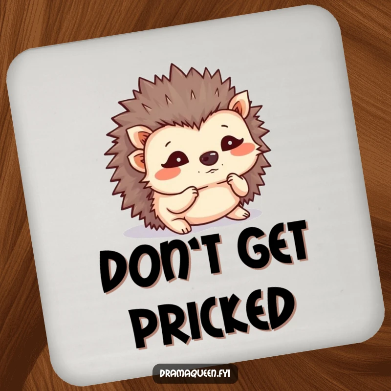 Funny hedgehog coaster, tiny flustered hedgehog shaking its quills. Protects surfaces with adorable, prickly humor. Perfect.